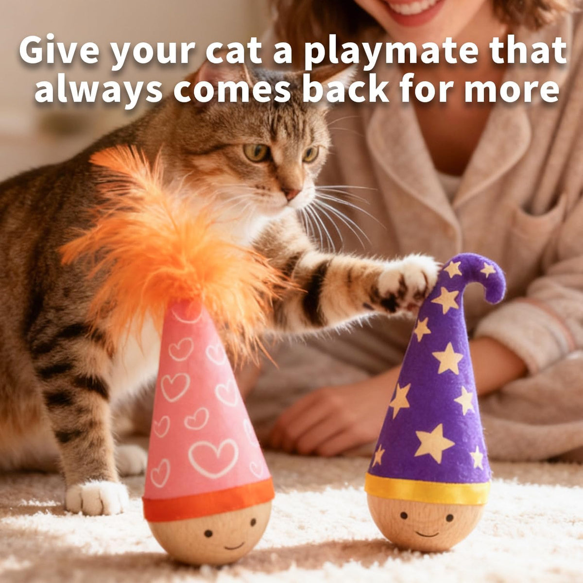 Solid Wood Wobbler Cat Toy with Feather
